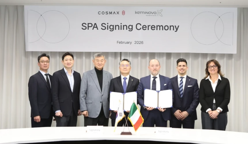 Photo taken after the signing of the agreement on February 20, 2026, at...